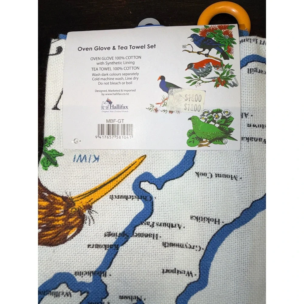 Hallifax New Zealand Birds & Flowers Oven Glove and Tea Towel Set MBF-GT‎ New